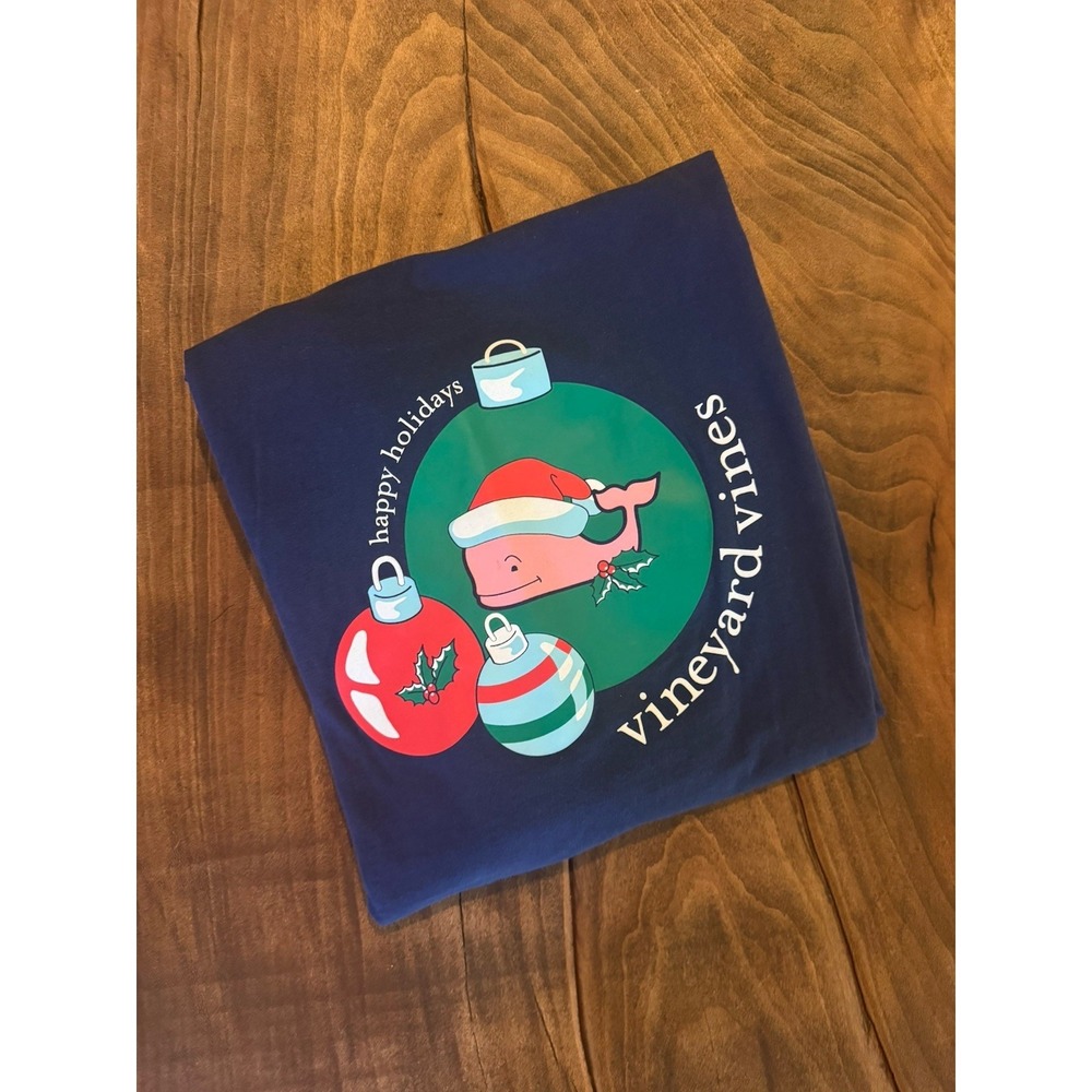 Vineyard Vines Adult XS Christmas Holiday Whale Ornament‎ Blue Long Sleeve Tee